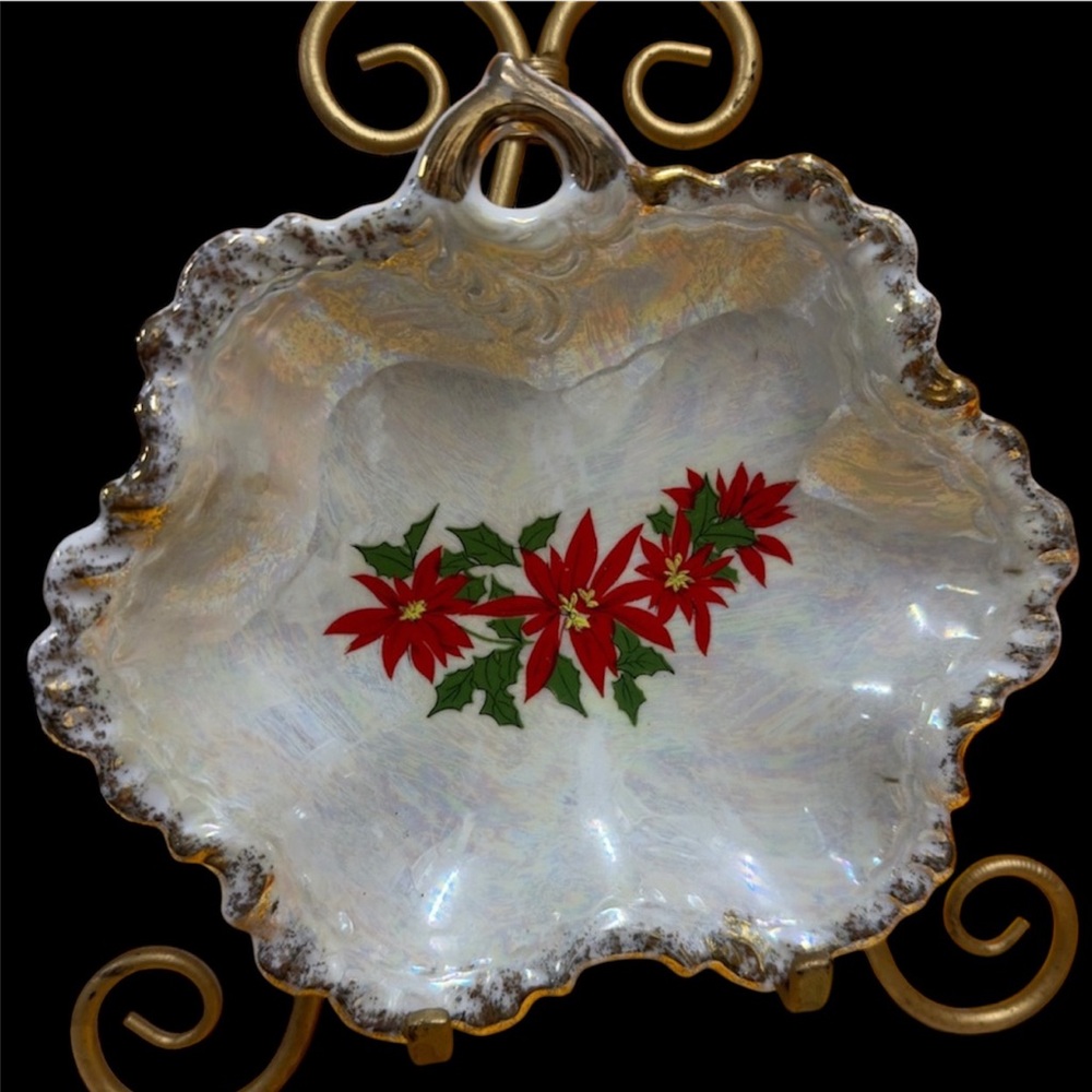 Vintage Holiday Candy Trinket Dish Opalescent Poinsettia Motif & Gold gilded Rim